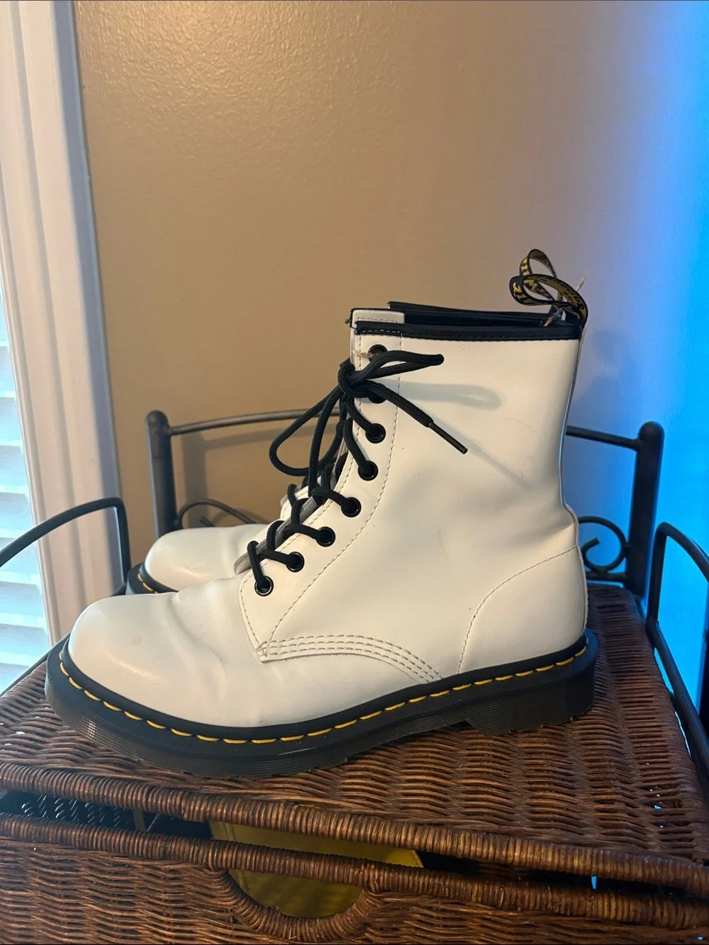 Dr. Martens  White Leather Lace-Up Combat Boots with Yellow Stitching